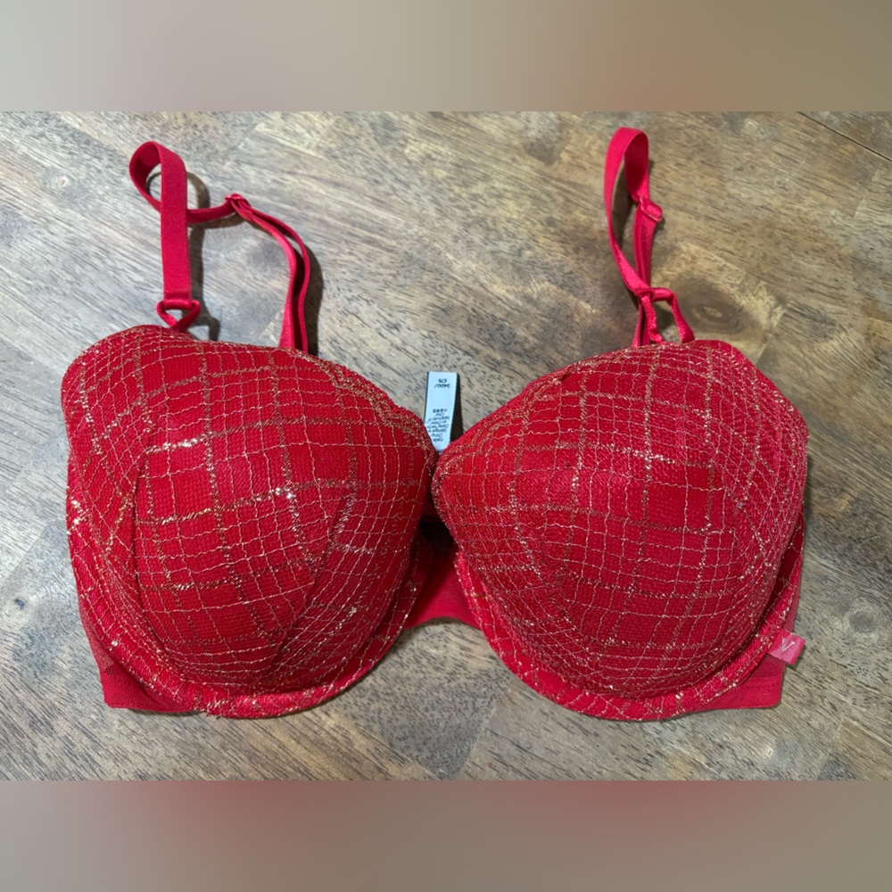 Victoria's Secret PINK Pushup Bra Size 34DD Red and Gold